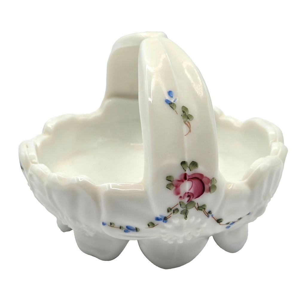Vintage Westmoreland Milk Glass Hand Painted Roses & Bows Basket Candy Dish